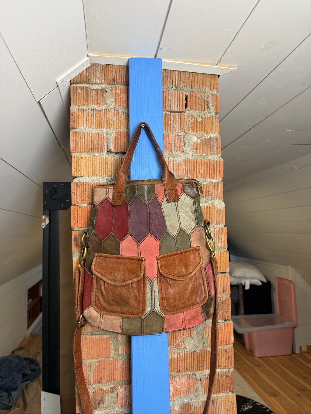Fossil Multi-Color Patchwork Hobo Bag with Brown Leather Accents